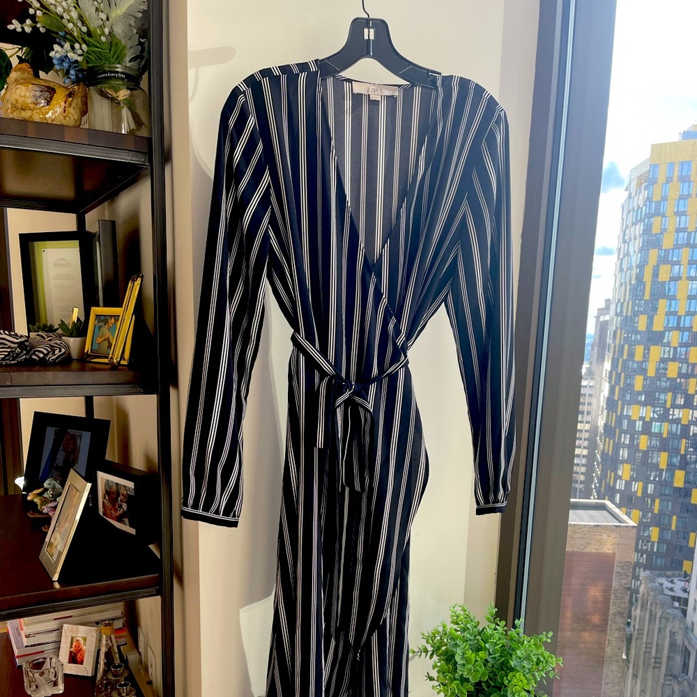 LOFT Navy Striped Wrap Midi Dress, M